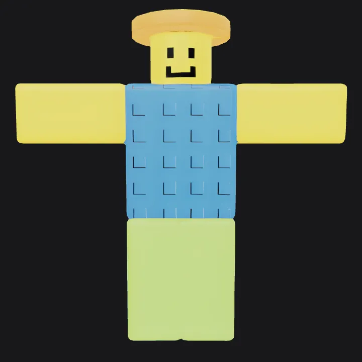 Blocky toy figure with smiley face. sharp edges, simple geometry, game-ready, character, symmetric geometry.
