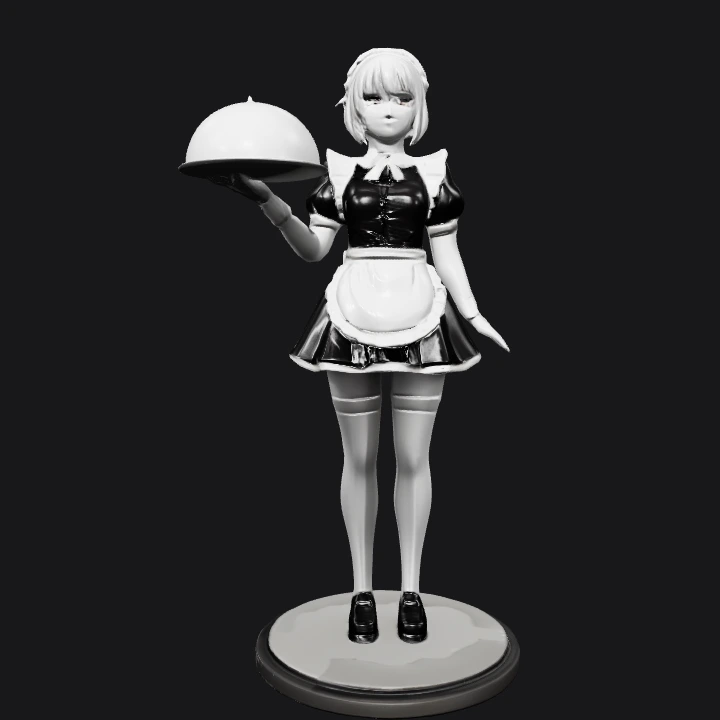 Maid holding a serving tray. smooth edges, complex geometry, character.
