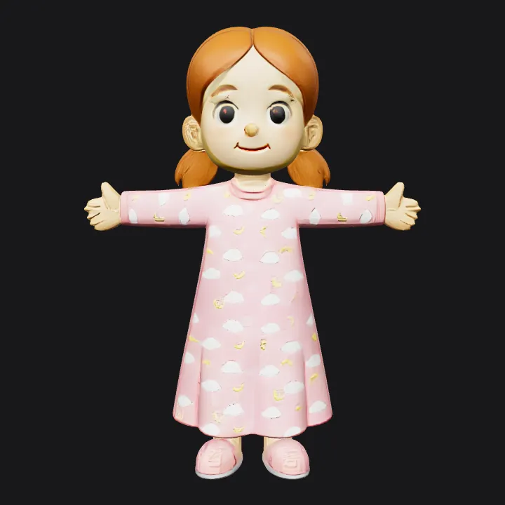 Cartoon girl in pink dress. smooth edges, simple geometry, character, symmetric geometry.
