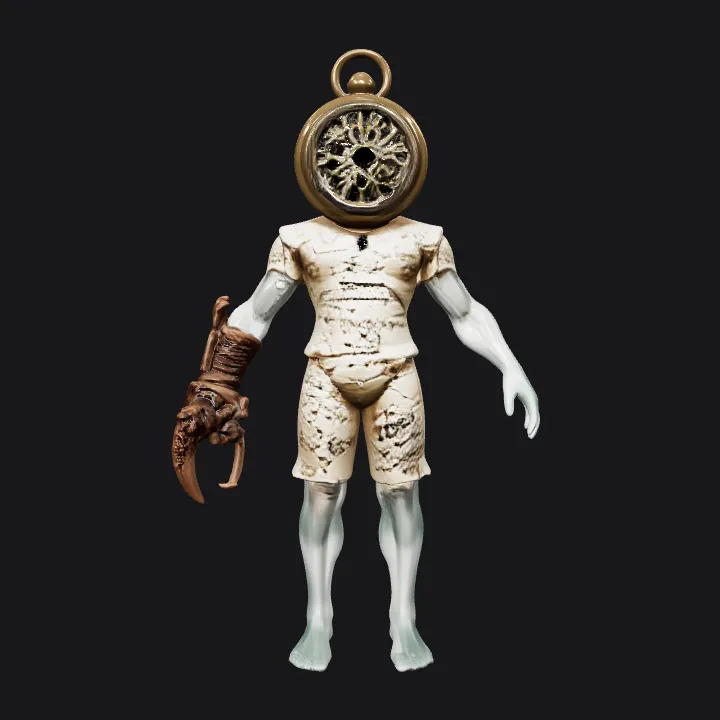 Humanoid clock-headed fantasy character. complex geometry, sharp edges, character.