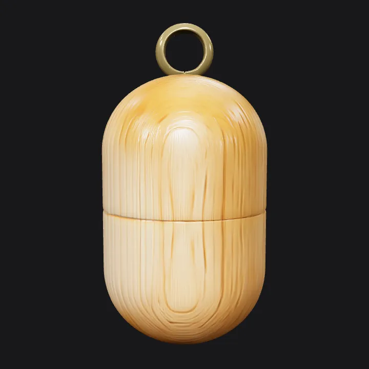 Wooden capsule-shaped keychain container. smooth edges, simple geometry, game-ready, symmetric geometry.