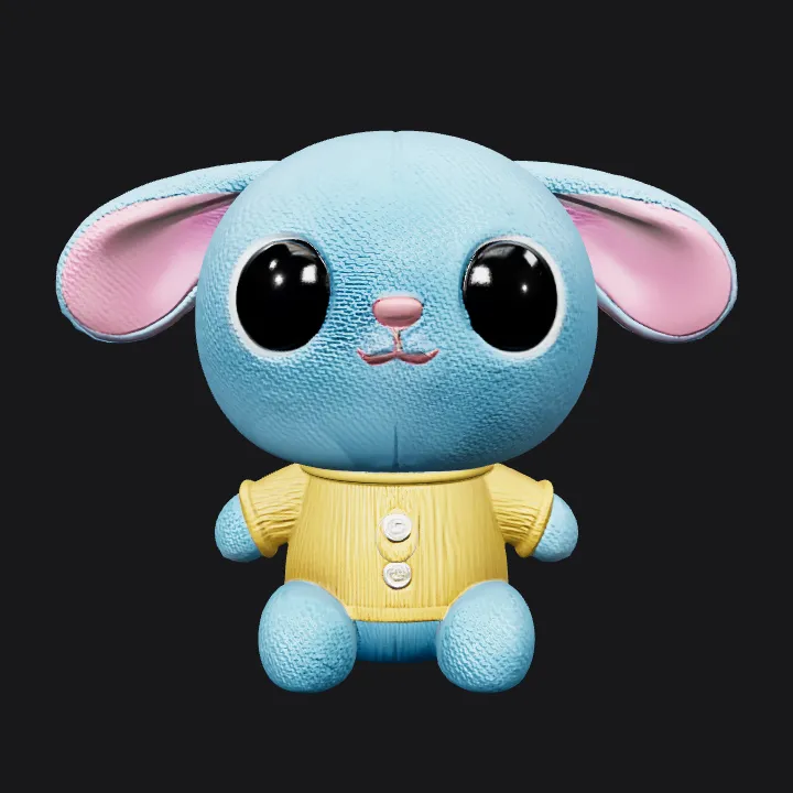 Cute blue bunny plush toy. smooth edges, simple geometry, game-ready, character, symmetric geometry.