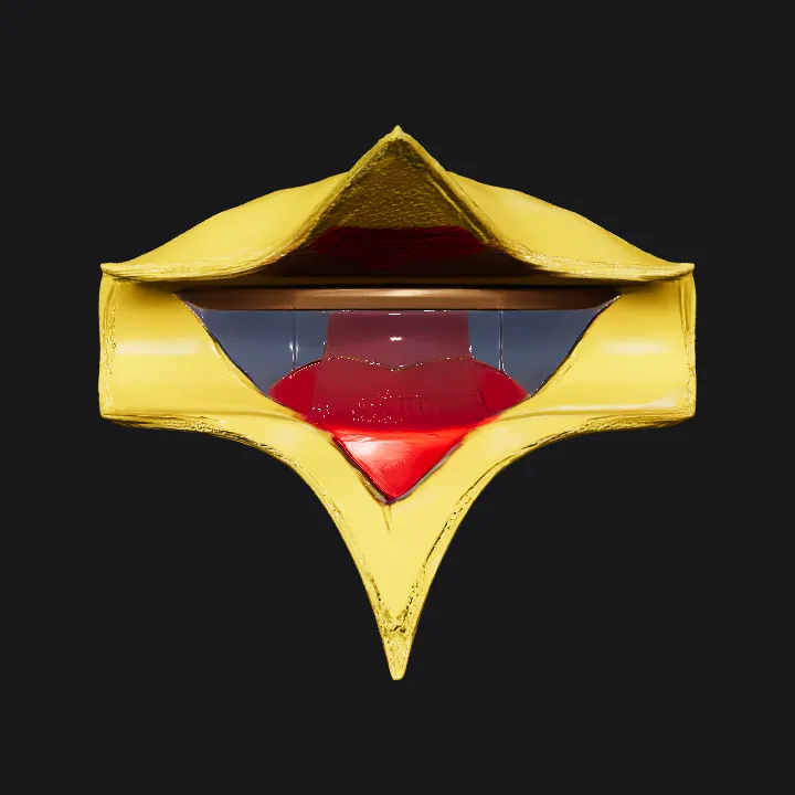 Yellow abstract sculpture or machine part. sharp edges, complex geometry.