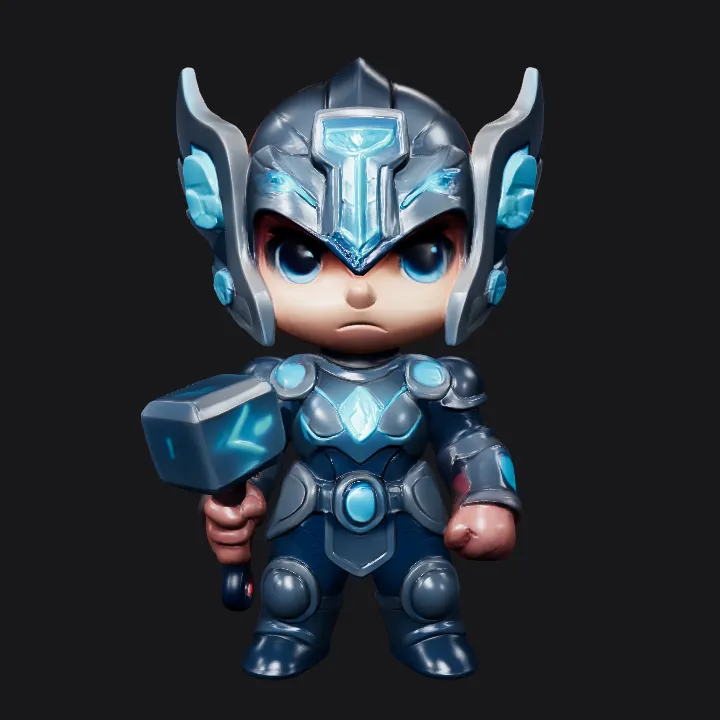 Chibi character in Thor armor holding Mjolnir. smooth edges, complex geometry, game-ready, character, symmetric geometry.