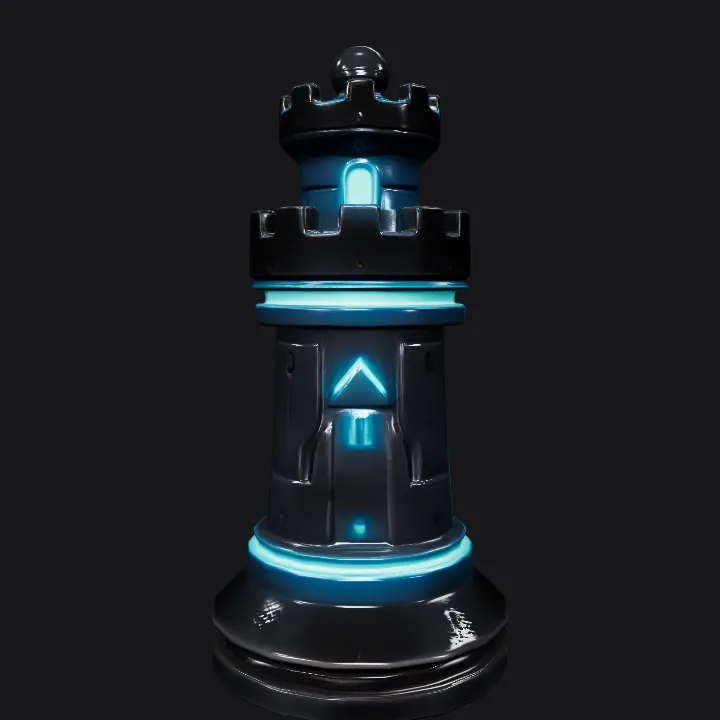 futuristic rook chess piece. sharp edges, smooth edges, complex geometry, game-ready, symmetric geometry.