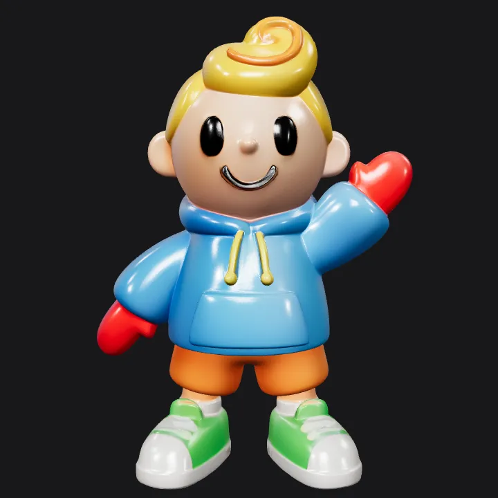 Cartoon boy in blue hoodie waving. smooth edges, simple geometry, game-ready, character.