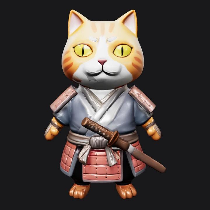 Samurai cat character in armor. smooth edges, complex geometry, game-ready, character, symmetric geometry.