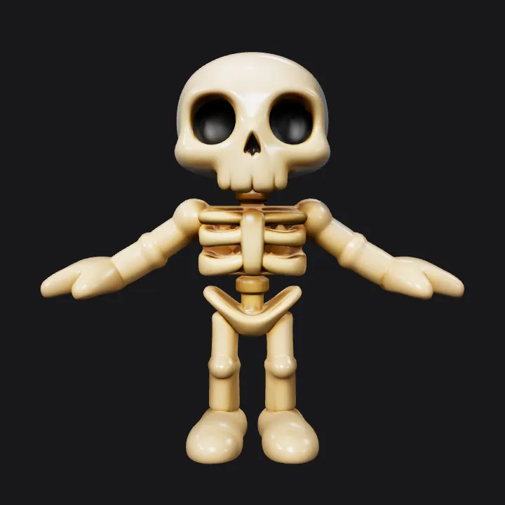 Cartoon skeleton character standing upright. smooth edges, simple geometry, game-ready, character, symmetric geometry.