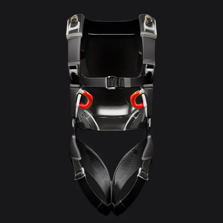 Black safety harness with straps and clips. smooth edges, complex geometry, symmetric geometry.