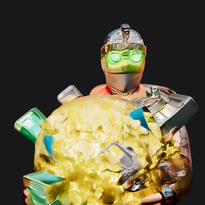 Robot holding glowing objects and popcorn. sharp edges, complex geometry, game-ready, character.