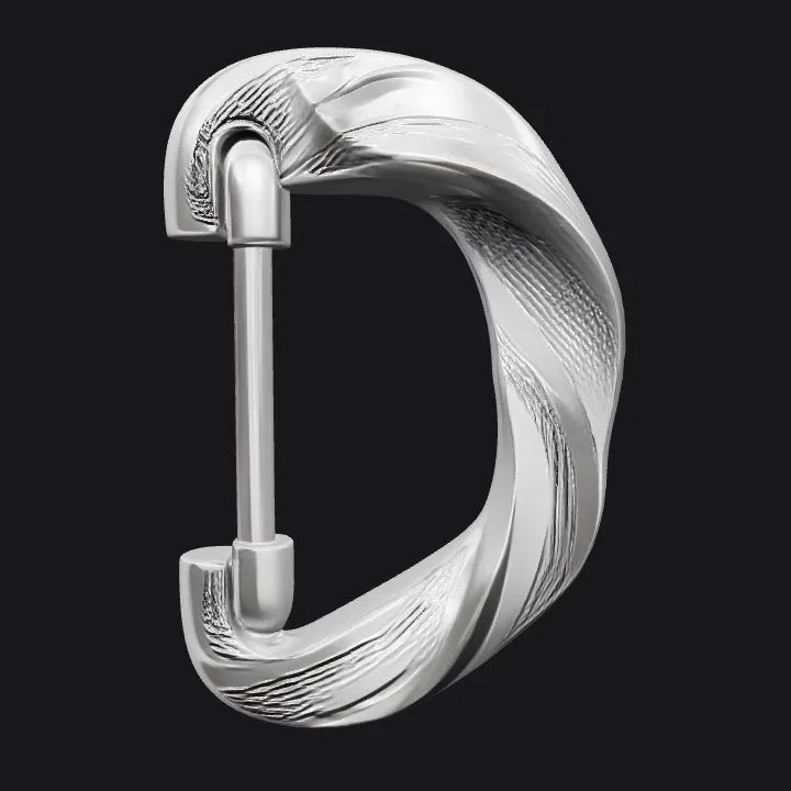 Silver twisted metal carabiner. smooth edges, complex geometry, symmetric geometry.