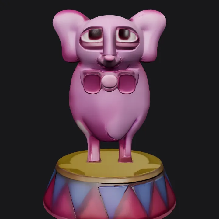 Cartoonish pink elephant on circus platform. simple geometry, smooth edges, character.