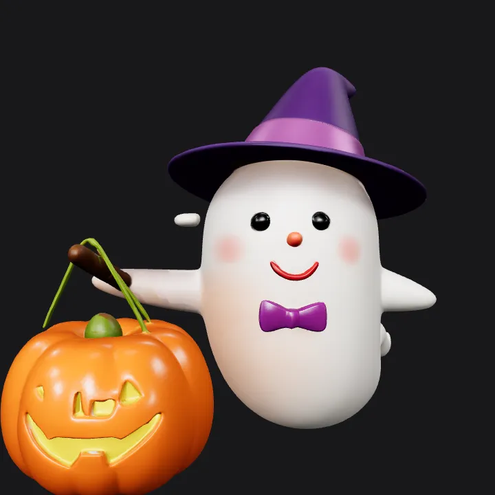 Cartoon witch holding a pumpkin basket. smooth edges, simple geometry, character.