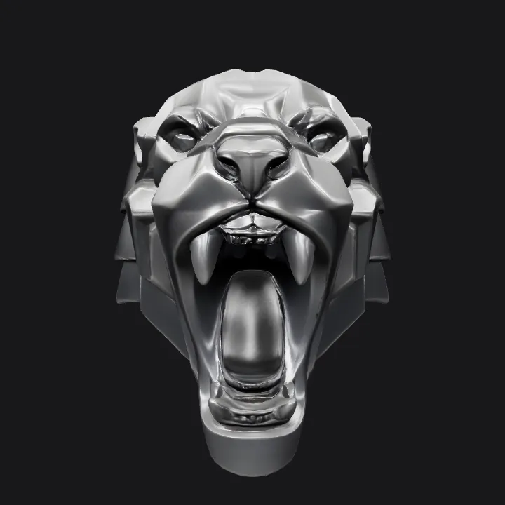 Ring with stylized animal head design. smooth edges, complex geometry, symmetric geometry.