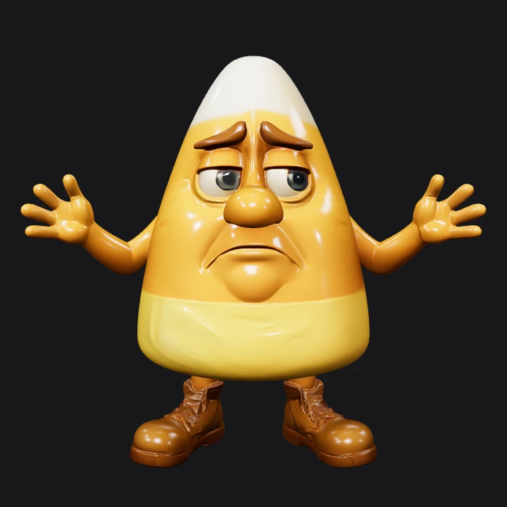 anthropomorphic candy corn with boots and arms. smooth edges, simple geometry, character, symmetric geometry.
