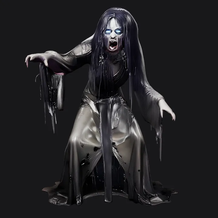 Creepy ghost woman in tattered dress. complex geometry, smooth edges, character.