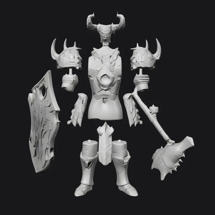 fantasy armor suit with axe and shield. sharp edges, complex geometry, game-ready.