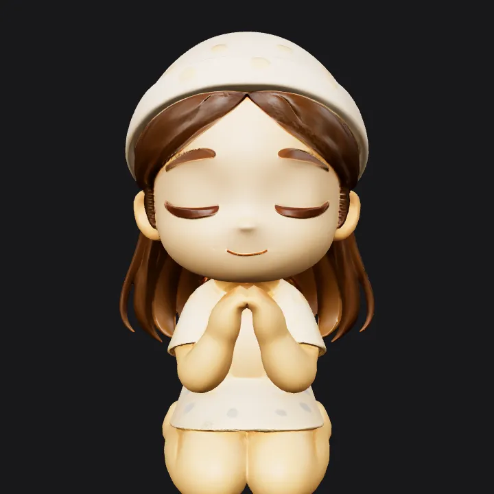 cute girl in pajamas kneeling and praying. smooth edges, simple geometry, character, symmetric geometry.