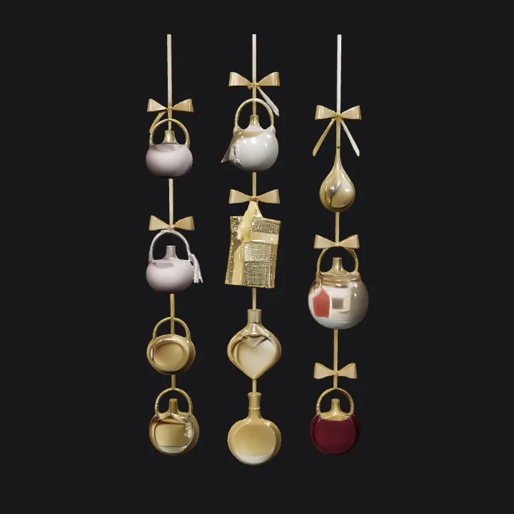 Ornate gift-themed hanging decorations. smooth edges, complex geometry, symmetric geometry.
