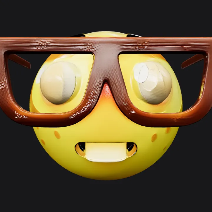Nerd emoji face with glasses. smooth edges, simple geometry, game-ready, character, symmetric geometry.