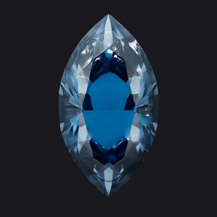 blue marquise cut gemstone. sharp edges, complex geometry, symmetric geometry.