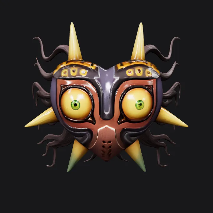 Colorful heart-shaped tribal mask with spikes. sharp edges, complex geometry, game-ready, symmetric geometry.