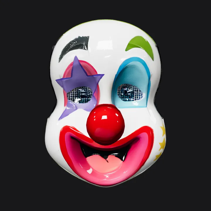 Colorful clown mask with exaggerated features. smooth edges, simple geometry, character, symmetric geometry.