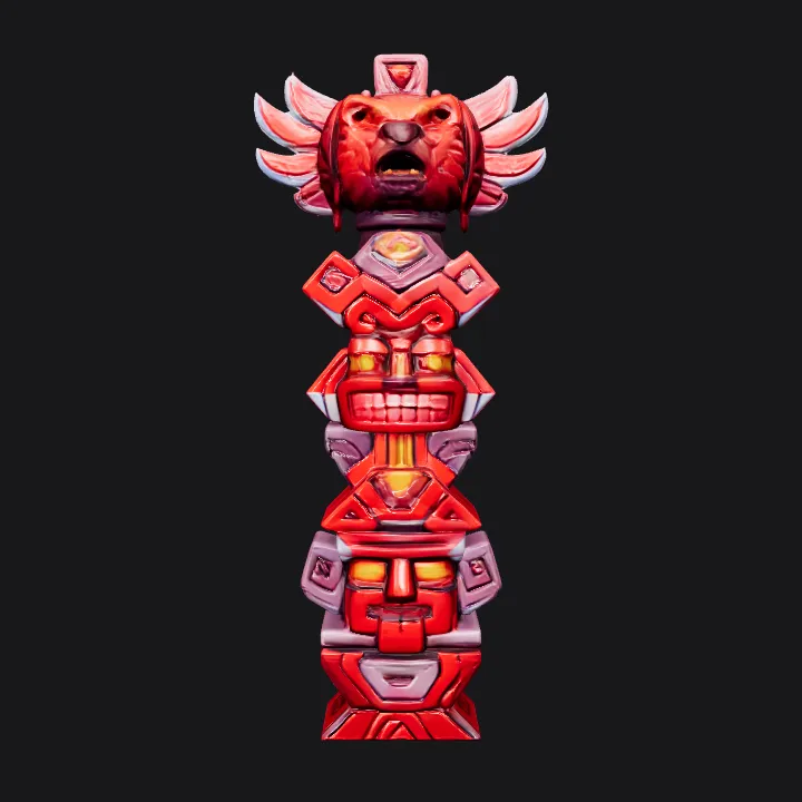 Red tribal totem with carved faces. sharp edges, complex geometry, game-ready, symmetric geometry.