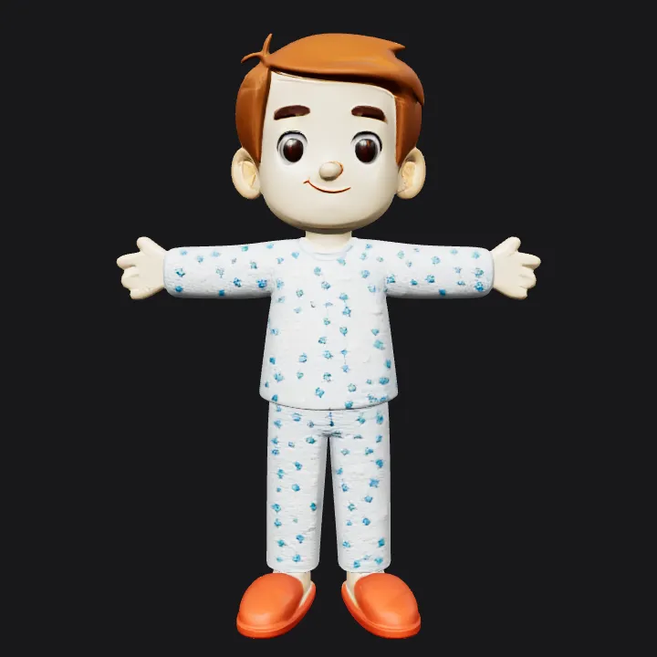 Cartoon boy in pajamas with star patterns. smooth edges, simple geometry, game-ready, character, symmetric geometry.