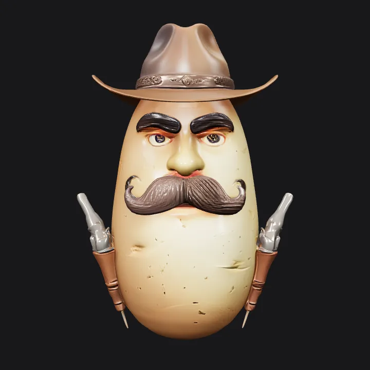 Potato dressed as cowboy with guns. complex geometry, smooth edges, character.