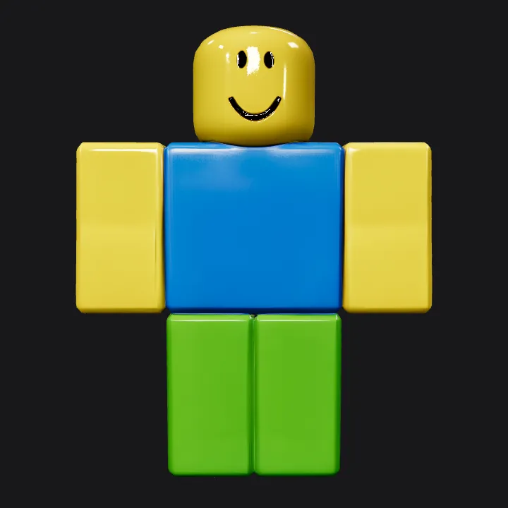Roblox-style toy figure with smiley face. sharp edges, simple geometry, game-ready, character, symmetric geometry.