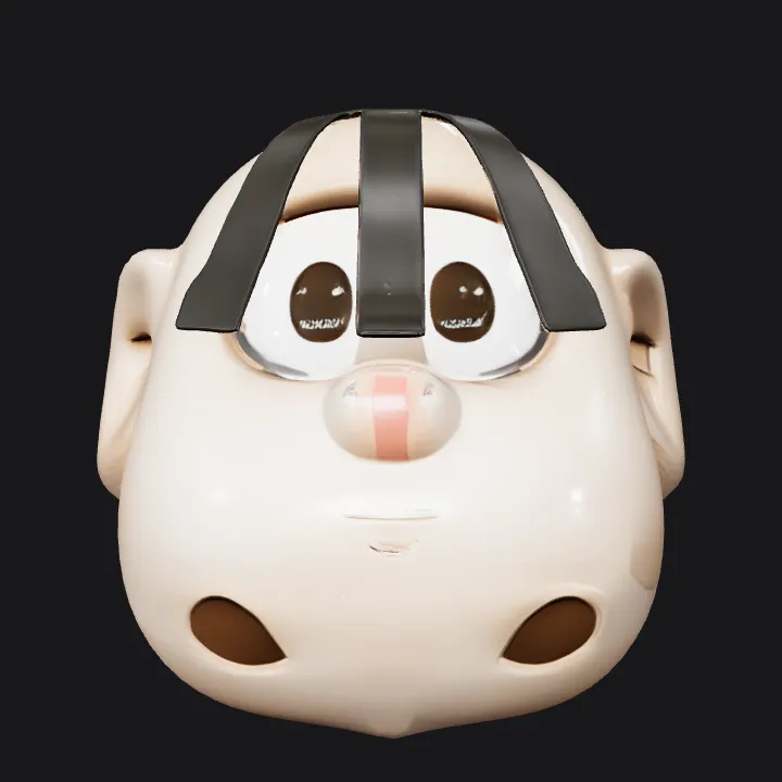 Cartoon face with black hair and smile. smooth edges, simple geometry, character.