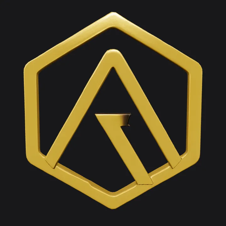 Geometric logo with hexagon and stylized letters. sharp edges, simple geometry, game-ready, symmetric geometry.