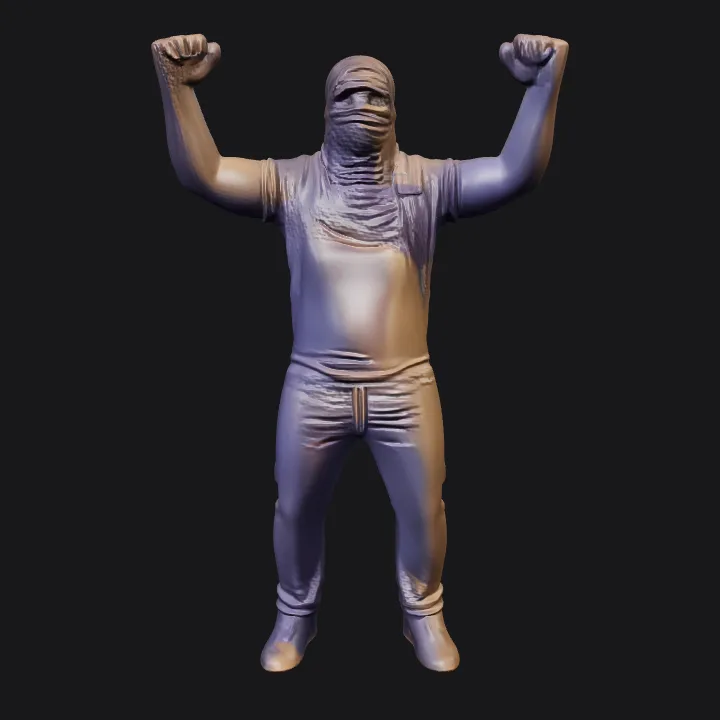 person raising both arms. smooth edges, complex geometry, character, symmetric geometry.