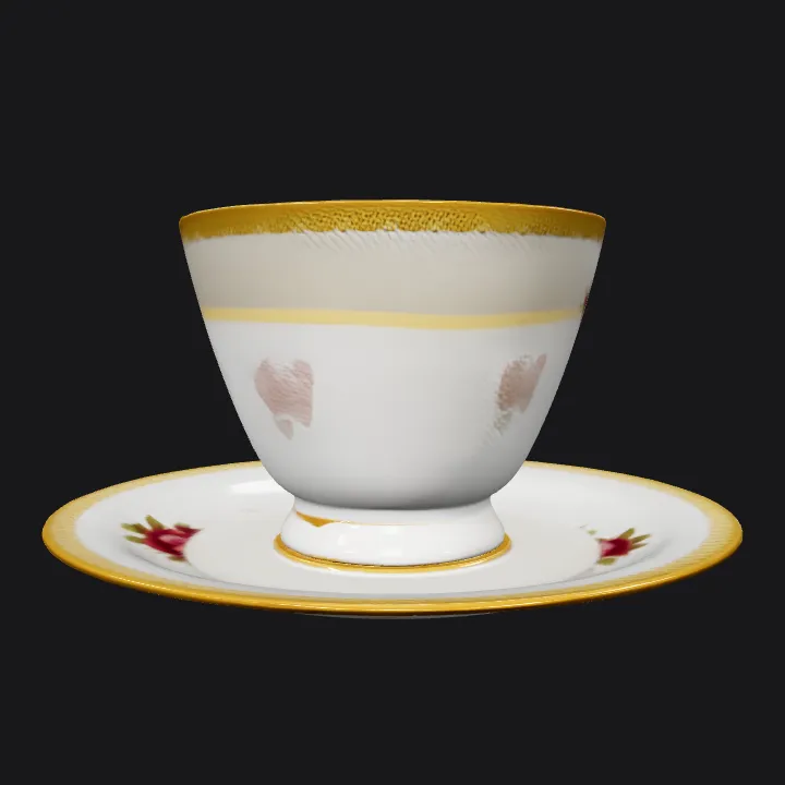Porcelain teacup and saucer with floral motif. smooth edges, simple geometry, symmetric geometry.