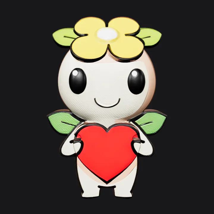Cute cartoon flower character holding a heart. smooth edges, simple geometry, game-ready, character, symmetric geometry.