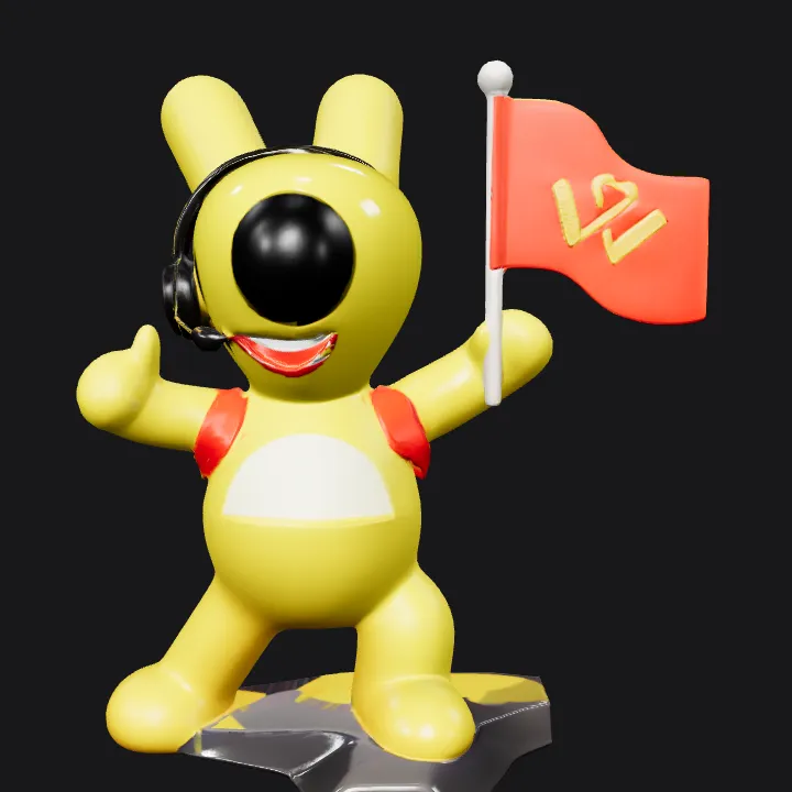 Yellow cartoon rabbit with flag and headset. smooth edges, complex geometry, game-ready, character.
