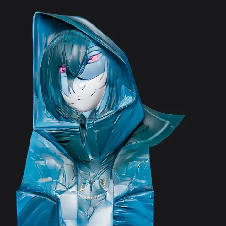 Hooded character with glowing red eyes. smooth edges, complex geometry, character, symmetric geometry.