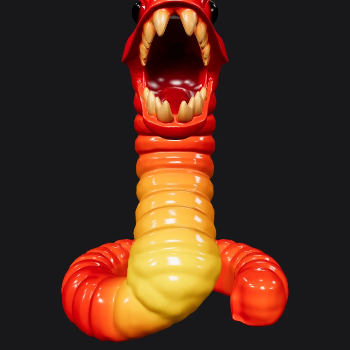 Gummy snake with fierce open mouth. smooth edges, complex geometry.