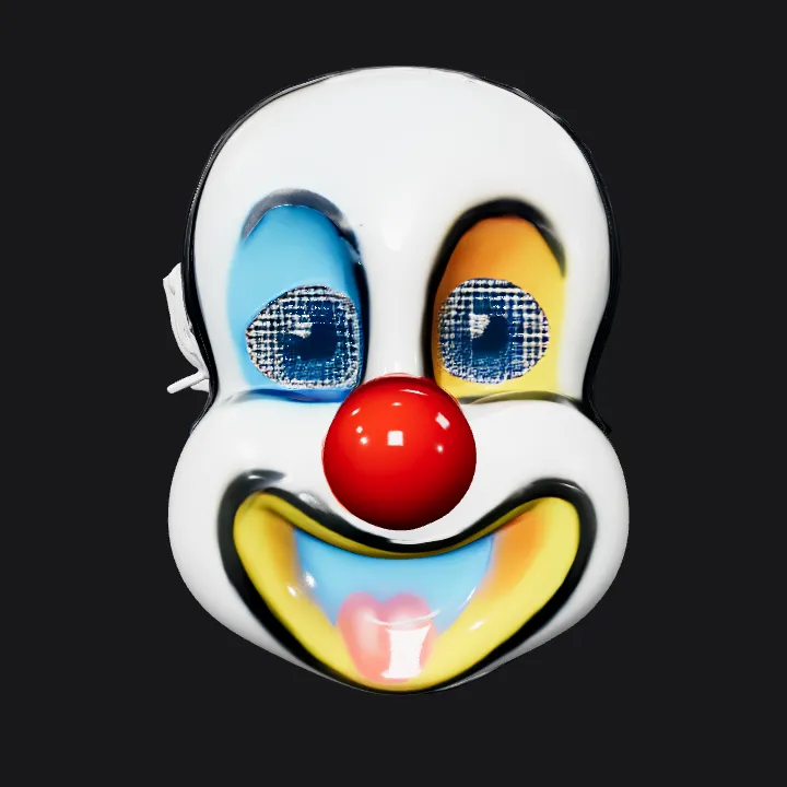 Colorful clown mask with large red nose. smooth edges, simple geometry, character, symmetric geometry.