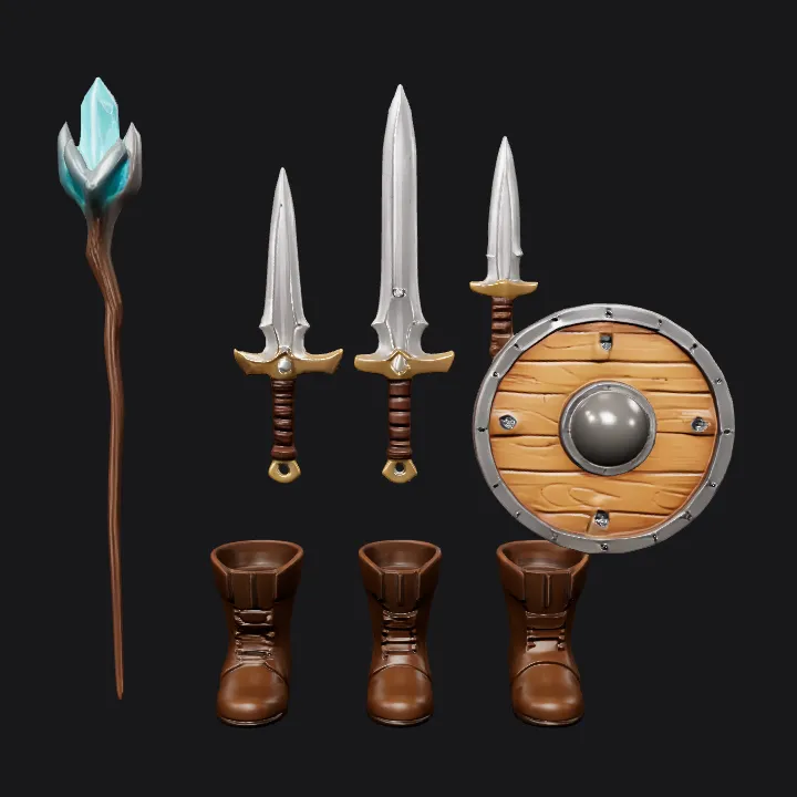 collection of medieval fantasy weapons and armor. sharp edges, smooth edges, simple geometry, game-ready, symmetric geometry.