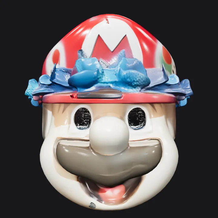 Mario-themed squishy toy with a blue lei. smooth edges, simple geometry, character.