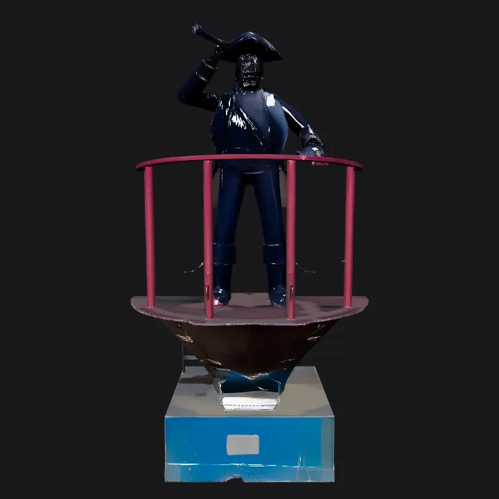 Metal pirate statue with hat and sword. sharp edges, complex geometry, character.