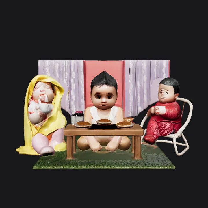 Three seated people with props and furniture. complex geometry, smooth edges, character.