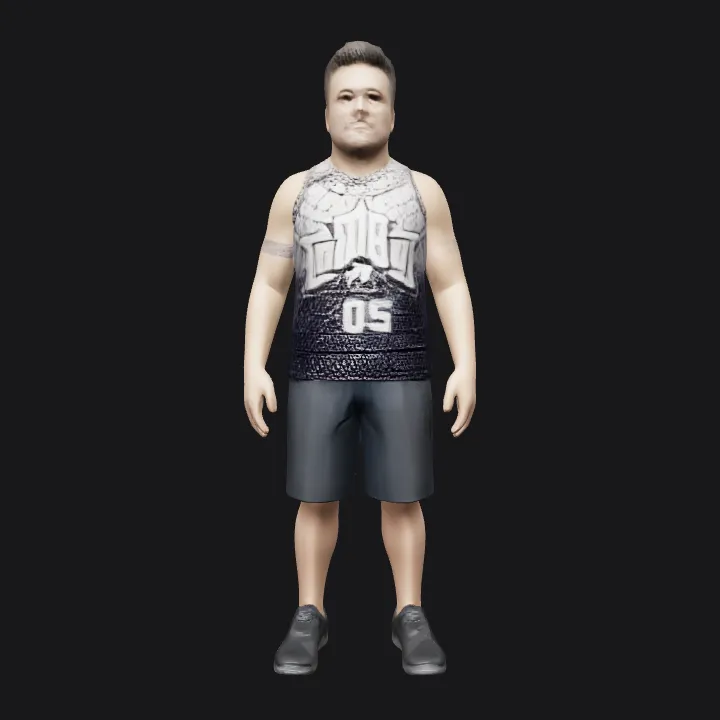 man wearing sleeveless shirt and shorts. smooth edges, complex geometry, character.