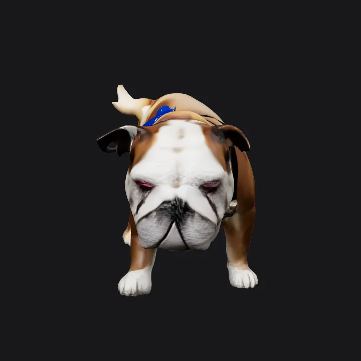 English bulldog with blue harness. smooth edges, complex geometry, character.