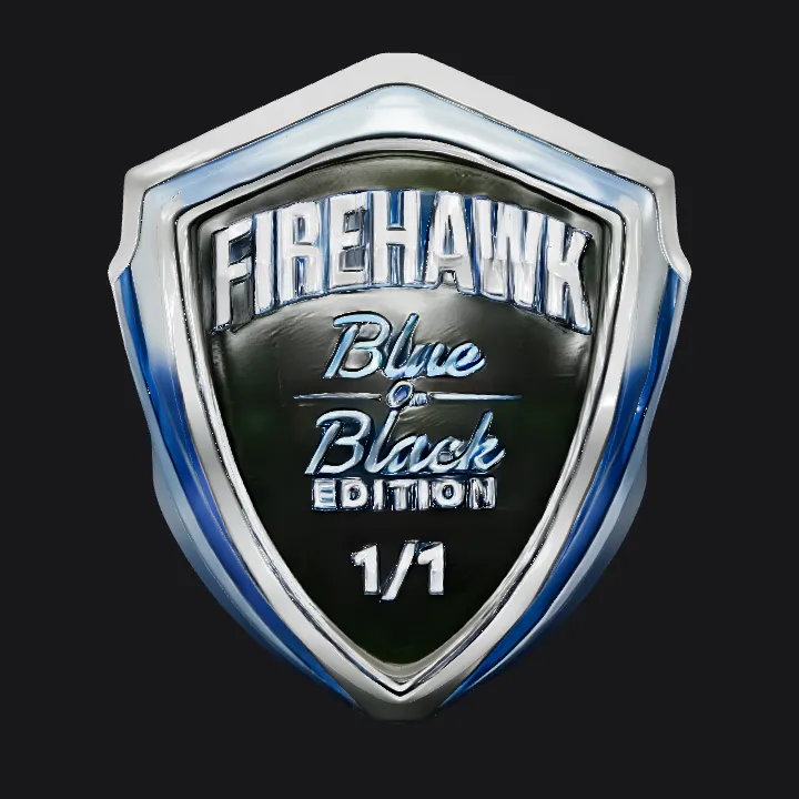 Firehawk Blue on Black Edition badge. sharp edges, simple geometry, game-ready, symmetric geometry.