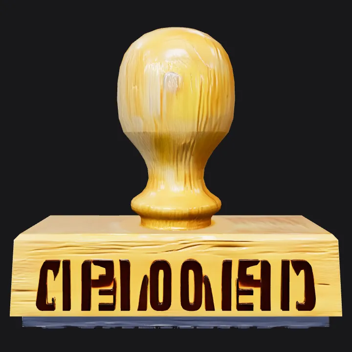 Wooden approved stamp. smooth edges, simple geometry, symmetric geometry.