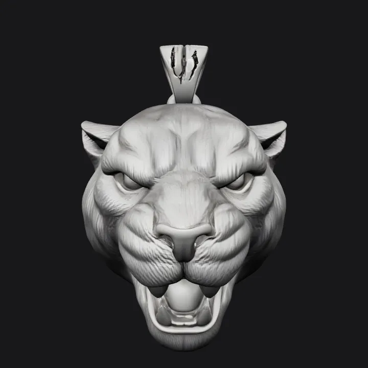 Tiger head pendant with open mouth. sharp edges, complex geometry, symmetric geometry.