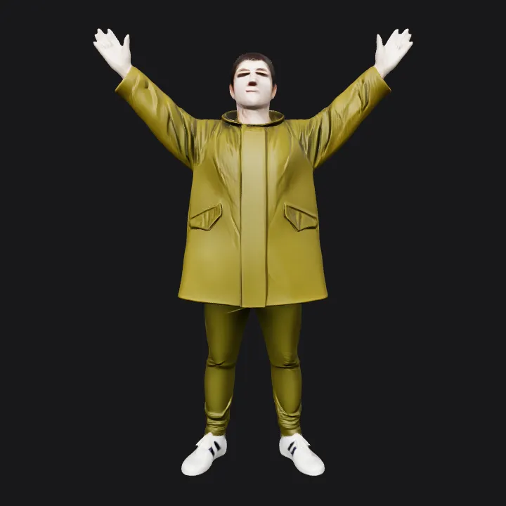 person with arms raised, back view. smooth edges, complex geometry, character.